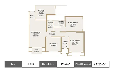 Hiranandani Chembur 3 BHK floor plan, 1396 sq ft carpet area