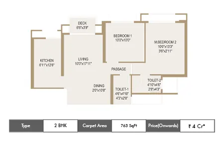 Hiranandani Chembur 2 BHK floor plan, 763 sq ft carpet area